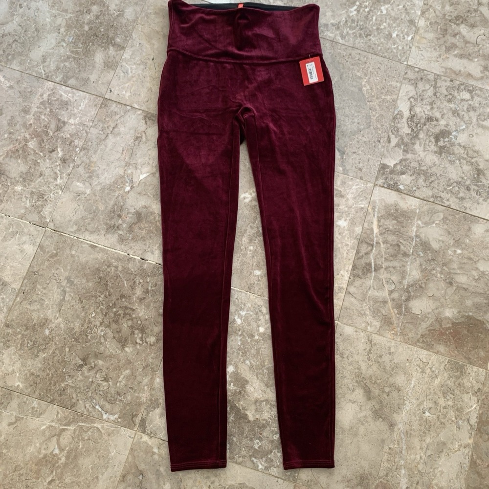 NEW SPANX RICH BURGUNDY HIGH WAIST VELVET VELOUR LEGGINGS PANTS SIZE L
